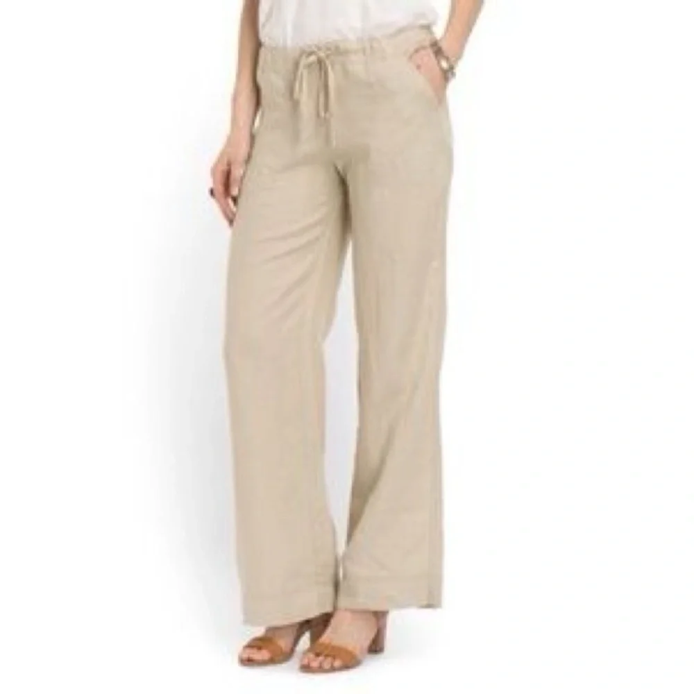 Max Studio Women's Wide-Leg Drawstring Linen Cotton Pants - Beige - Picture 1 of 10